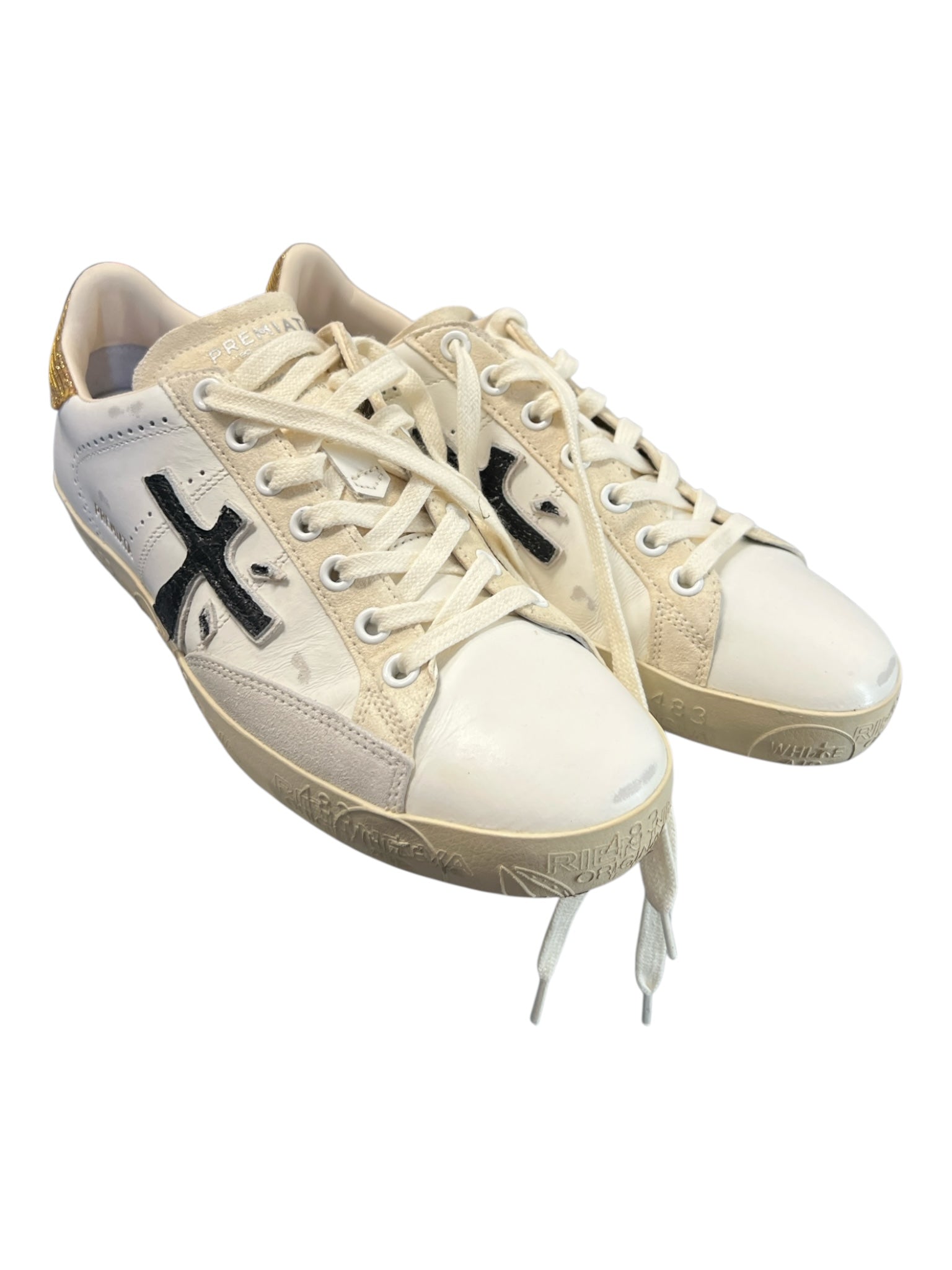 Premiata Shoe Size 39 White & Black Leather Gold Shimmer lace up Low Top Shoes