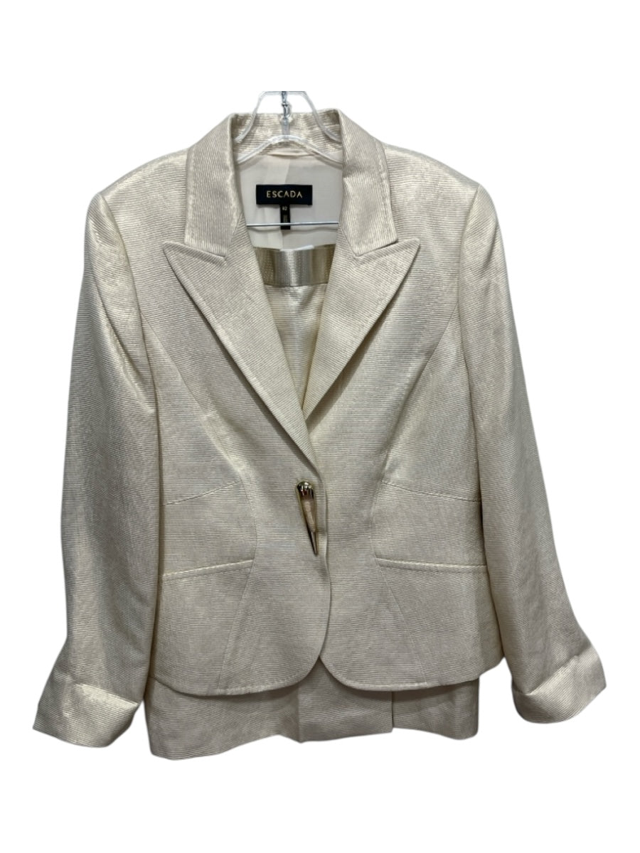 Escada Size 42 Gold & Cream Silk Dobby Shimmer Abstract Button Detail Skirt Set