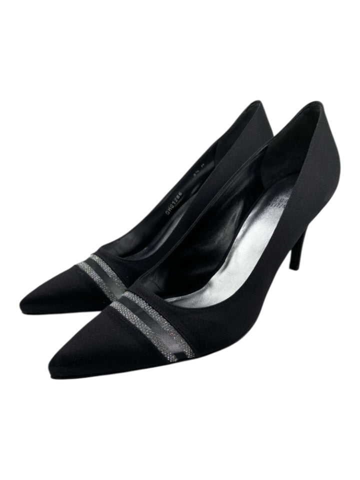 Stuart Weitzman Shoe Size 9.5 Black Leather Satin Rhinestone Embellishment Pumps