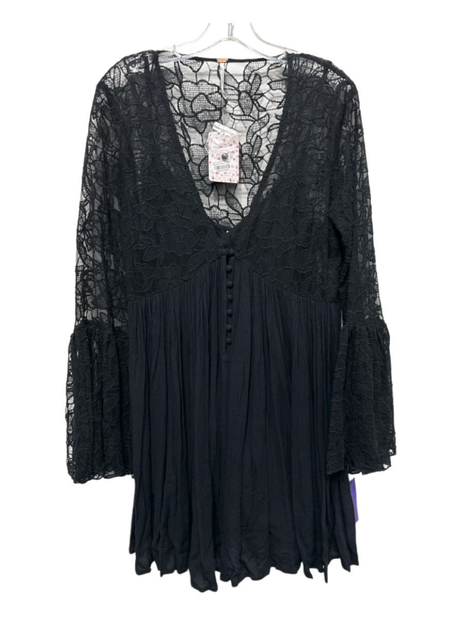 Free People Size Medium Black Rayon Lace Top Deep V Floral Embroideries Dress