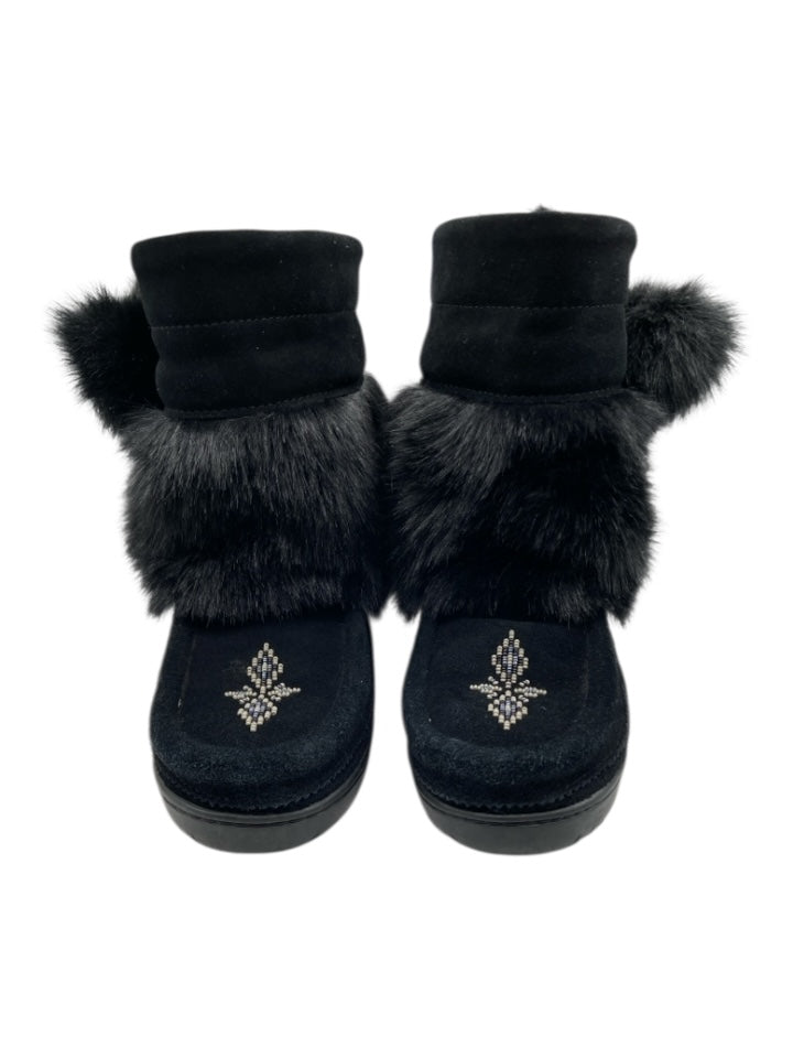 Manitobah Shoe Size 7 Black Suede Rabbit Fur Beaded Slip On Mid Calf Boots