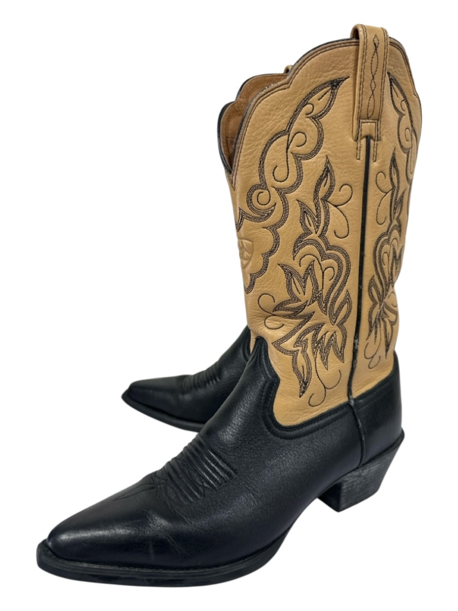 Ariat Shoe Size 6 Black & Tan Leather Upper Contrast Stitch Colorblock Boots
