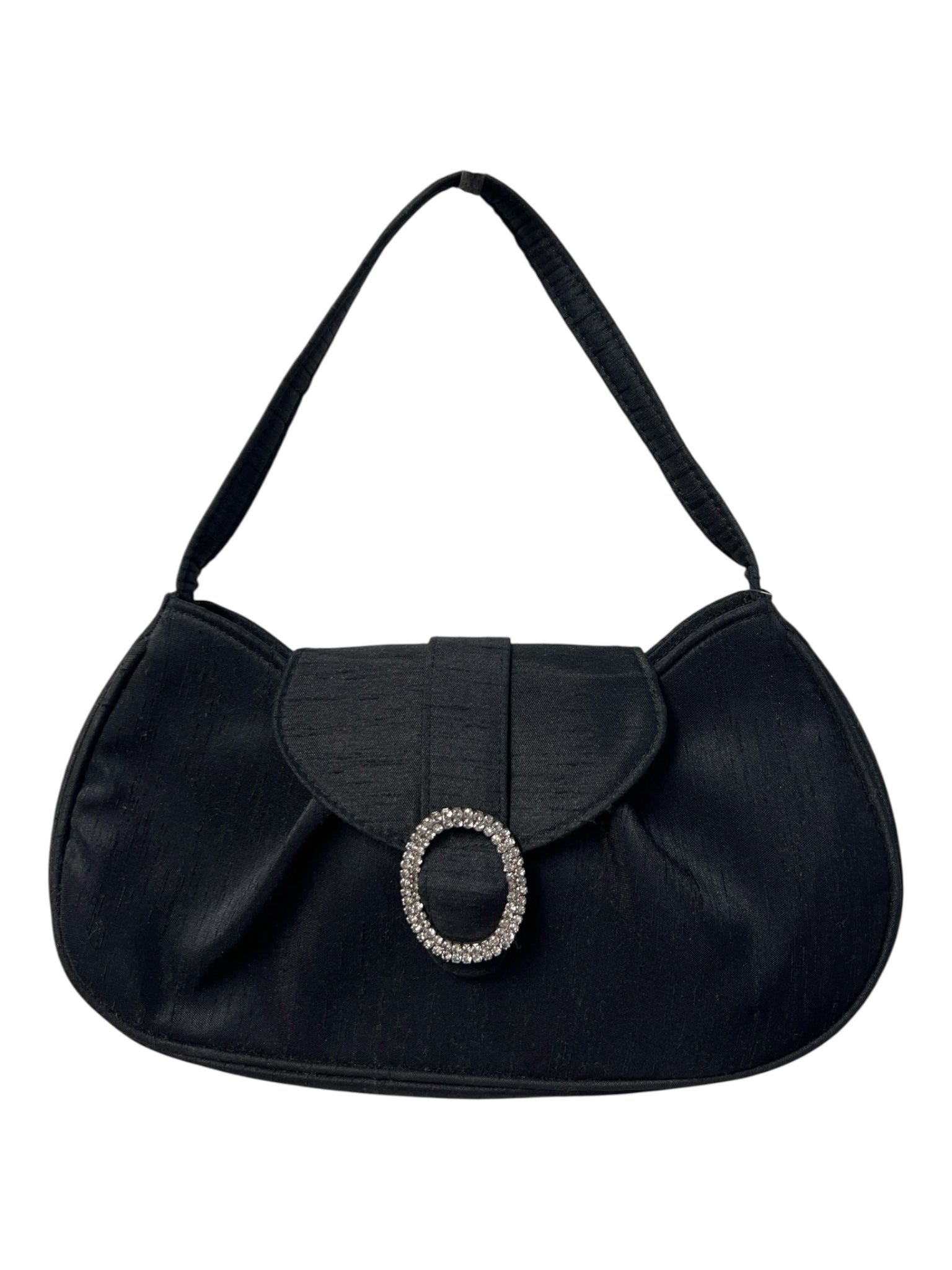 La Regale Black Fabric magnet closure Long Strap Jewled detail Clutch Purse