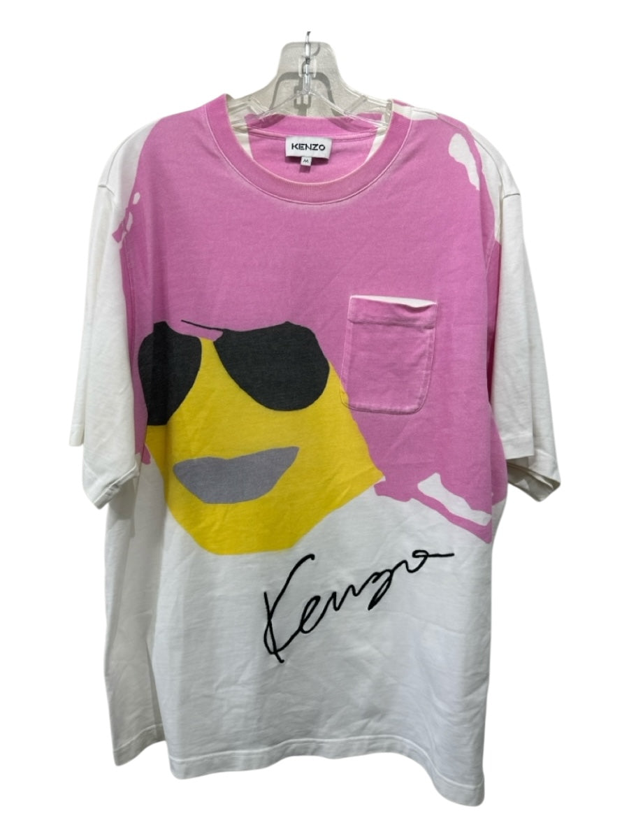 Kenzo Size M White & Multi Cotton Blend logo T shirt Crew Men's Short Sleeve