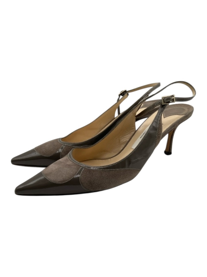 Jimmy Choo Shoe Size 42 Taupe Suede & Patent Leather Pointed Toe Slingback Pumps