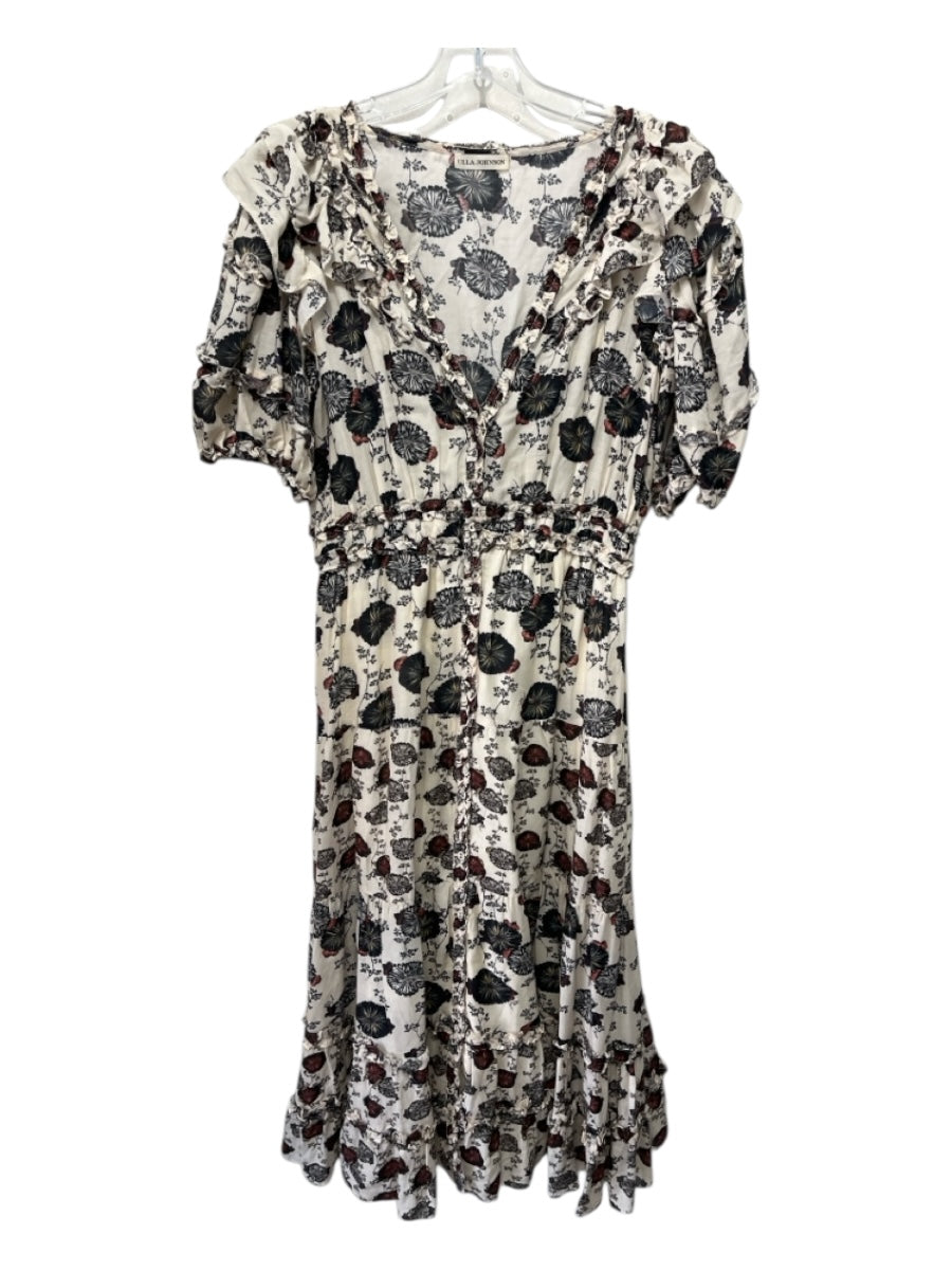 Ulla Johnson Size 2 Cream, Red & Black Cotton Blend Short Balloon Sleeve Dress