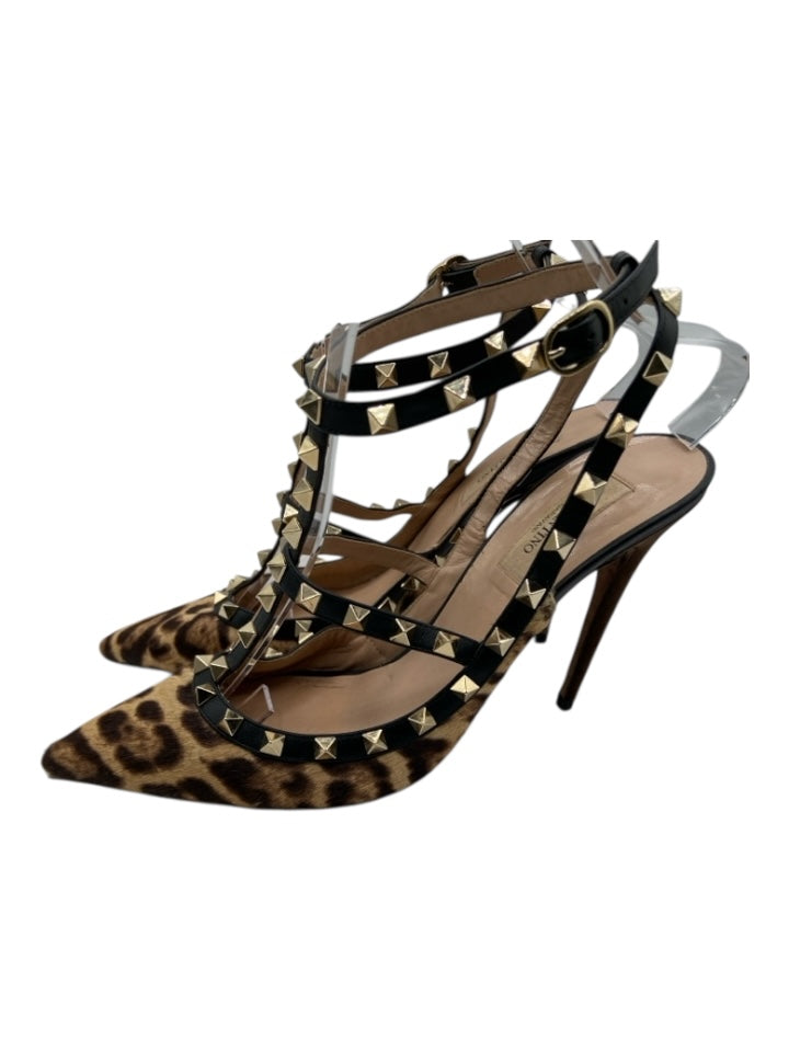 Valentino Shoe Size 41 Brown, Black & Gold Leather Calf Hair Animal Print Pumps