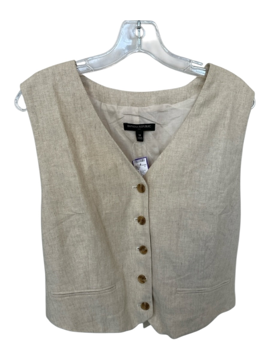Banana Republic Size 18 Tan Linen Blend Sleeveless Buttons Vest