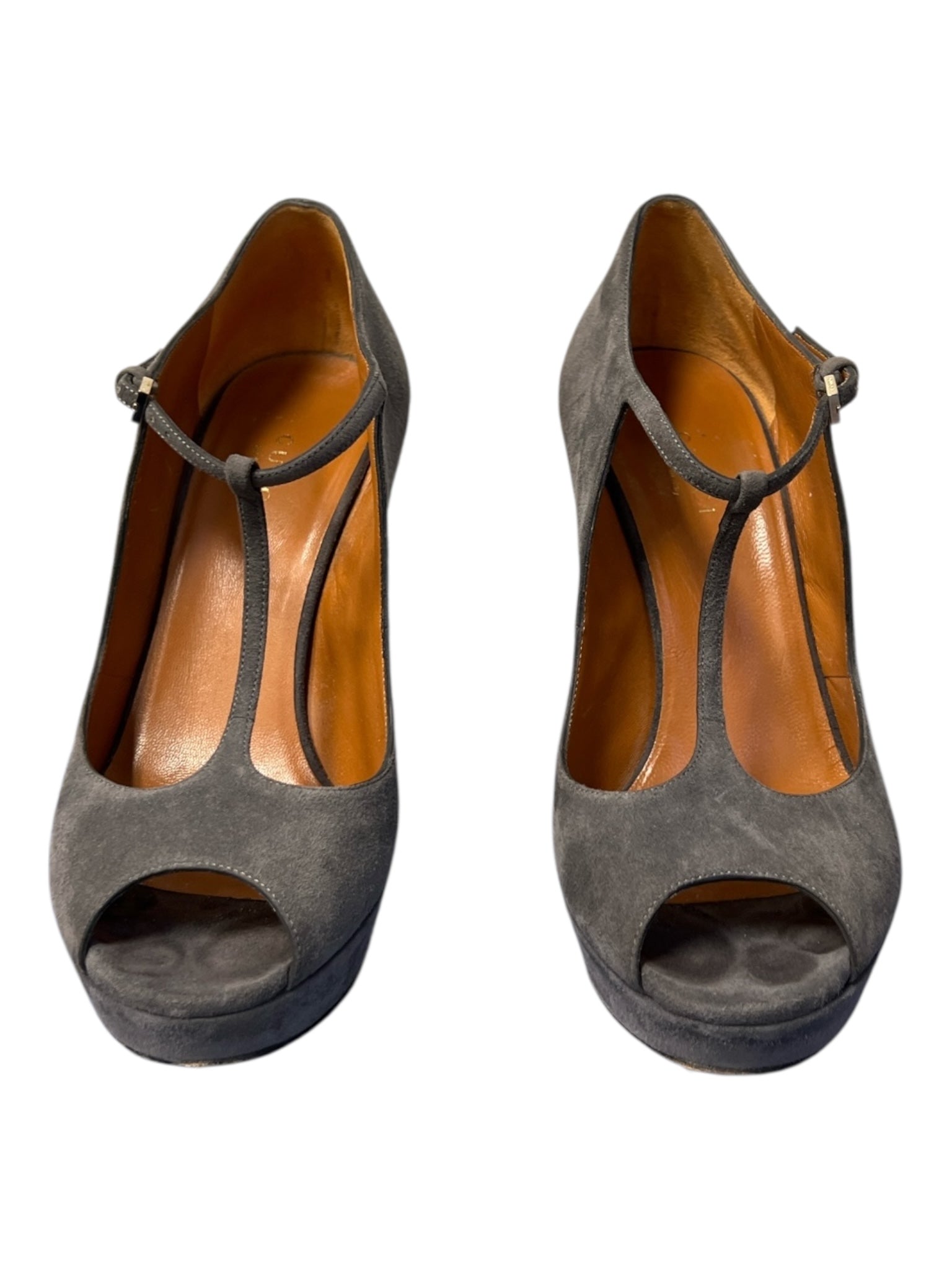 Gucci Shoe Size 37 Gray Suede T Strap Platform Peep Toe ankle strap Shoes