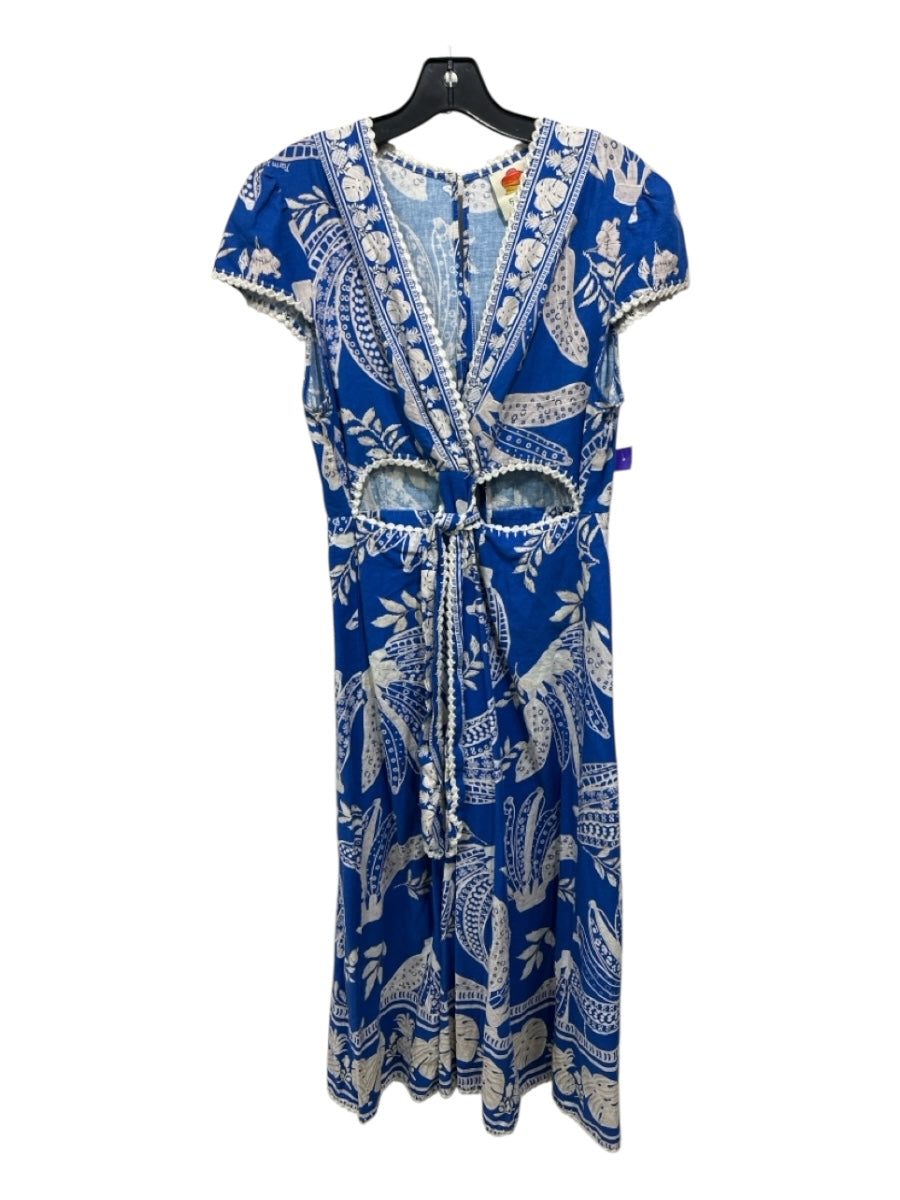 Farm Rio Size Large Blue & White Linen Blend Short Sleeve Floral Midi Dress