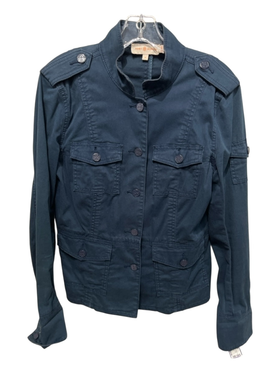 Tory Burch Size M Navy Cotton Blend Button Front Long Cuff Sleeve Denim Jacket