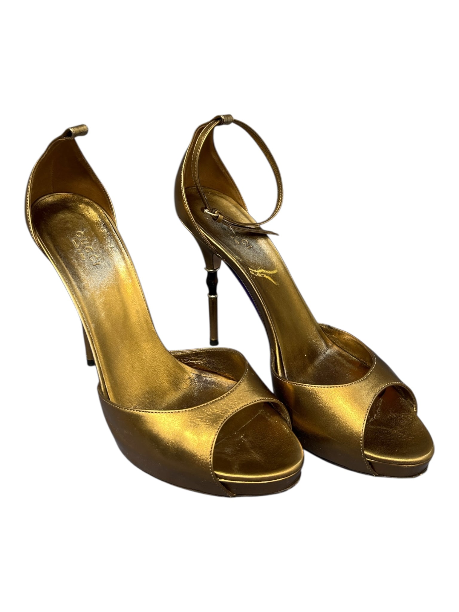 Gucci Shoe Size 39.5 Bronze Leather Peep Toe Ankle Strap Gold Hardware Shoes