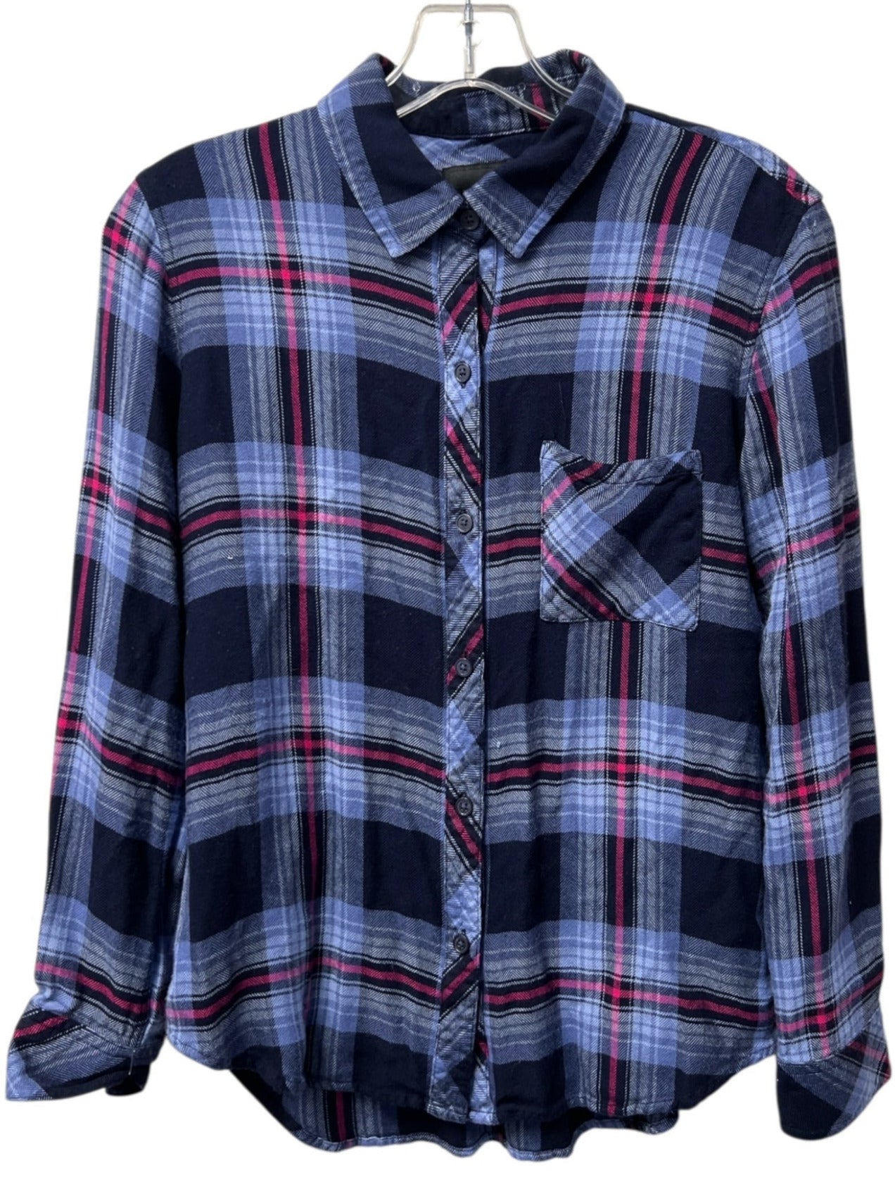 Rails Size Small Blue & Pink Rayon Plaid Long Sleeve Button Down Collar Top