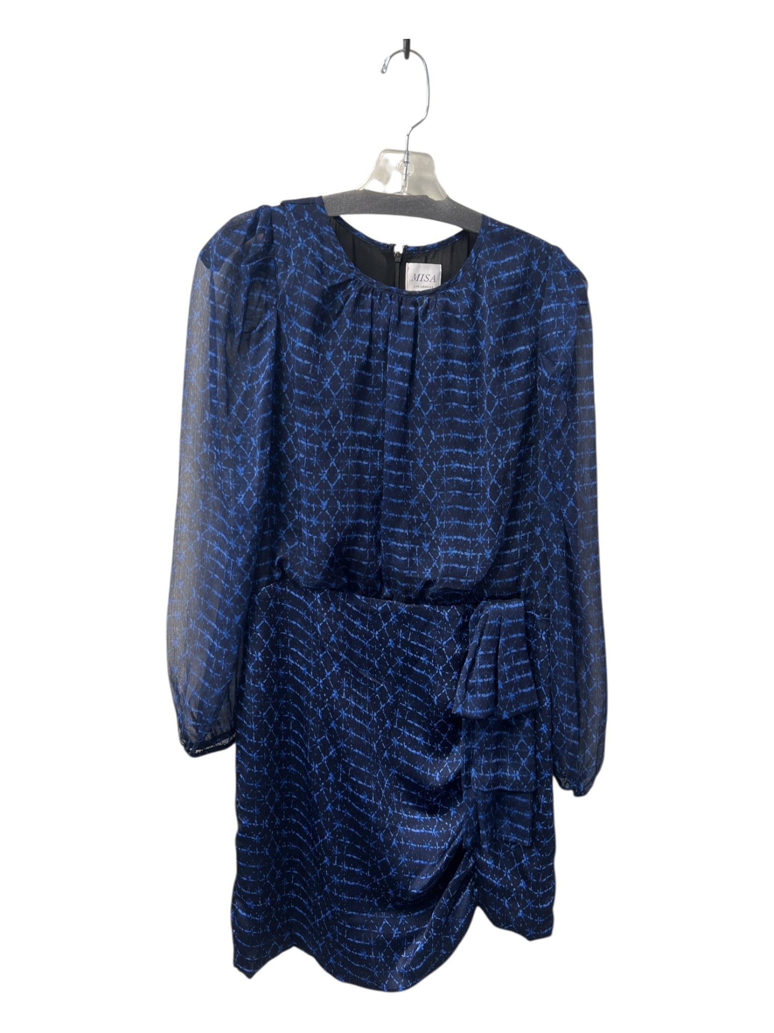 Misa Size L Blue & Black Polyester Long Sleeve Round Neck Semi Sheer Dress