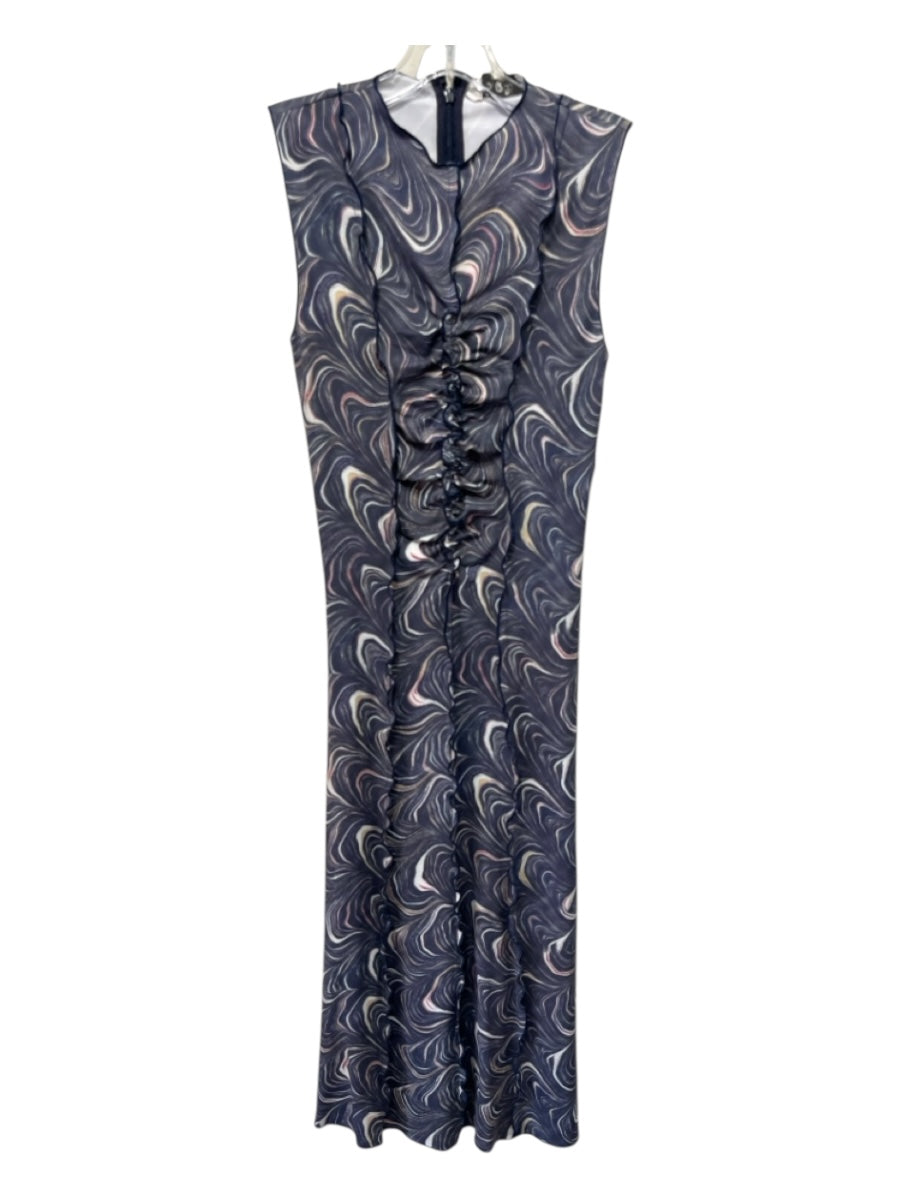 Sea New York Size XXS Navy Blue Print Nylon Blend Lettuce Edge Ruffle Dress