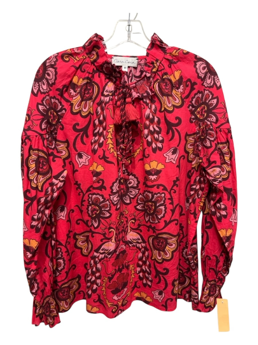 Cara Cara Size M Red Missing tag Ruffle Neck Floral Tassel Detail Top