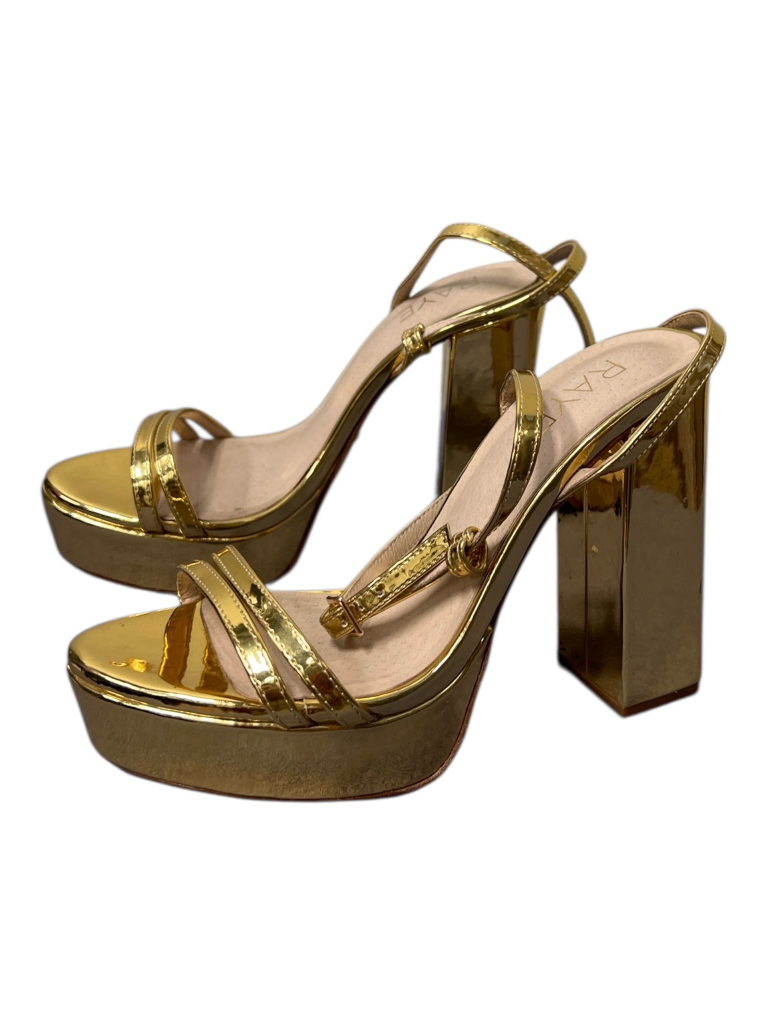 Raye Shoe Size 6.5 Gold Manmade Material Leather Sole Open Toe & Heel Heels