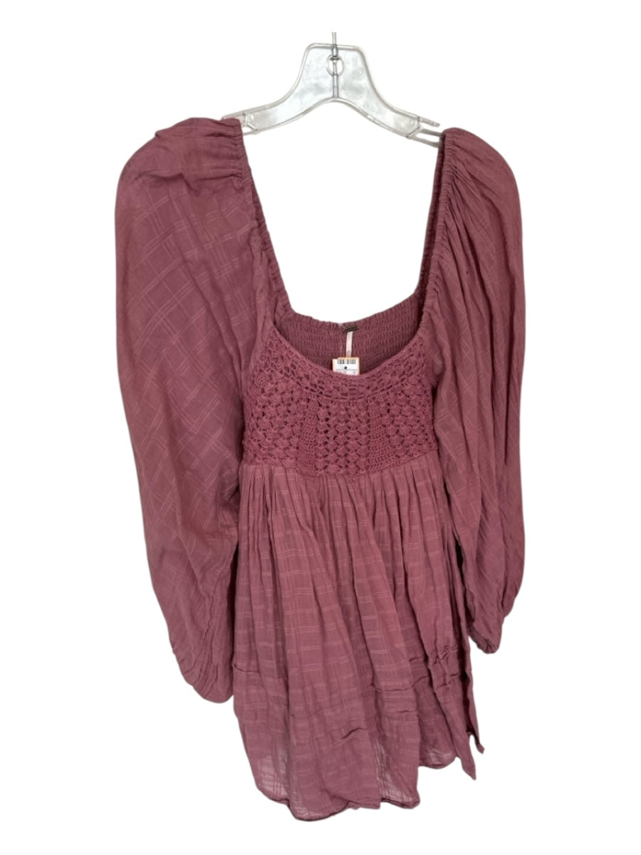 Free People Size S Mauve Cotton Long Balloon Sleeve Crochet Applique Dress