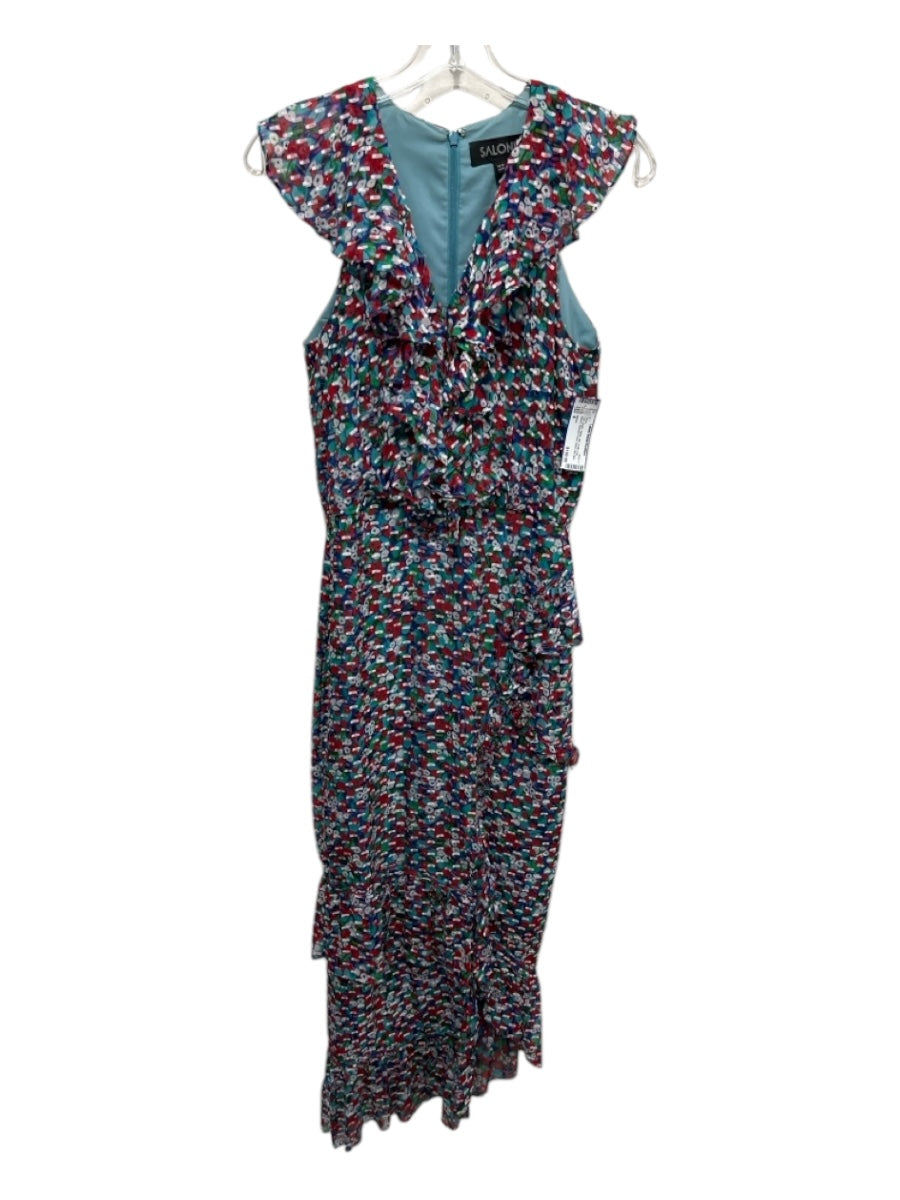 Saloni Size 6 Teal, Green, White Silk Ruffle Cap Sleeve Abstract Floral Dress