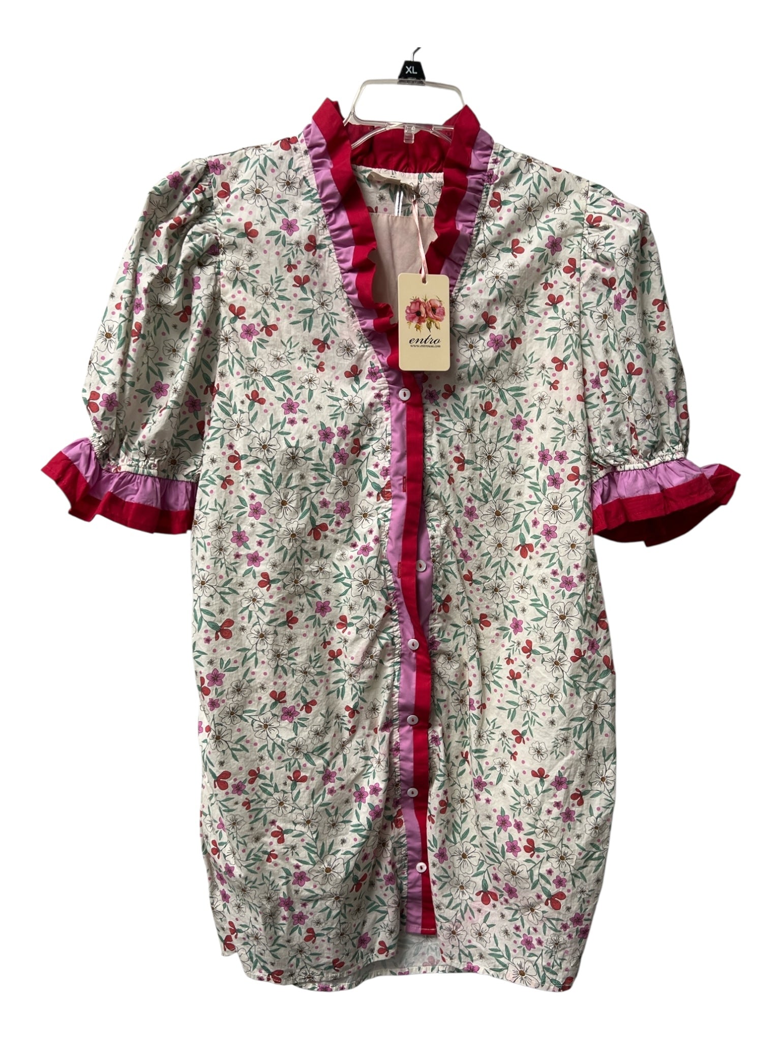Entro Size L Cream & Multi Cotton Ruff Collar Short Puff Sleeve Dress