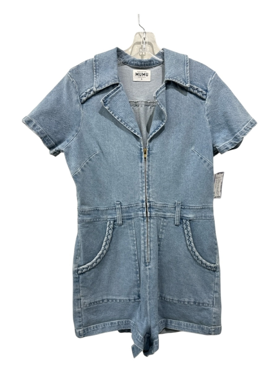 Show Me Your Mumu Size L Light Wash Cotton Blend Denim Front Zip Cuffed Romper