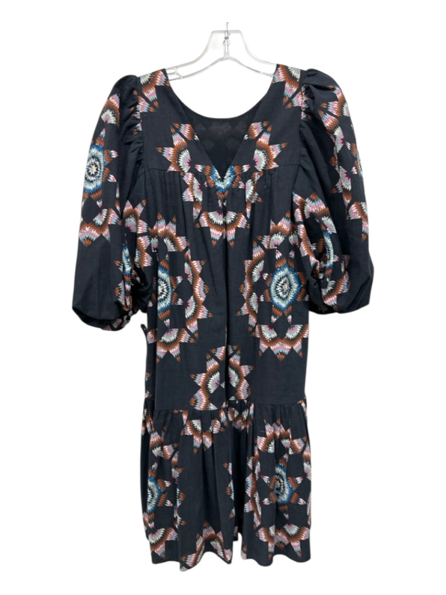 Sea New York Size XXS Black & Multi Cotton Back Zip Geo Print Puff Sleeves Dress