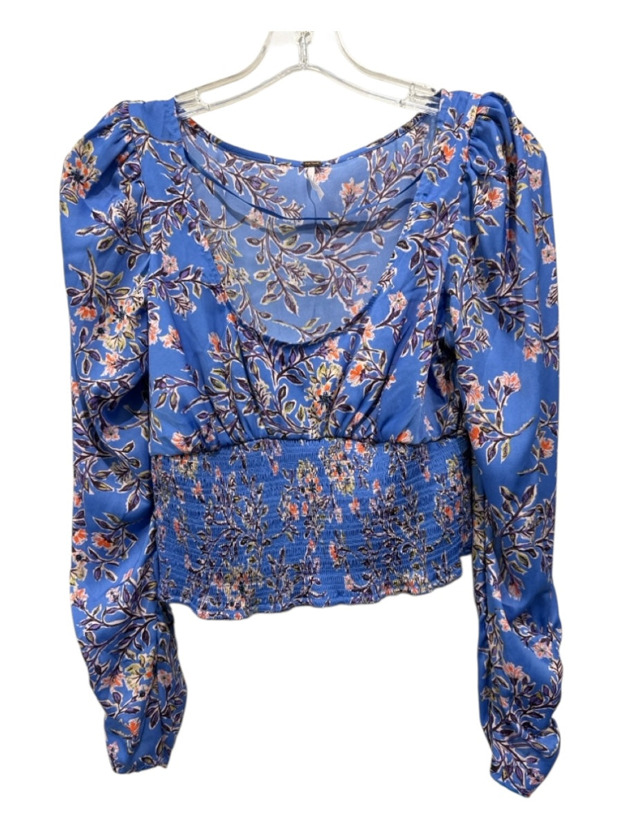 Free People Size S/P Blue, Purple & Brown Polyester Satin Long Sleeve Floral Top