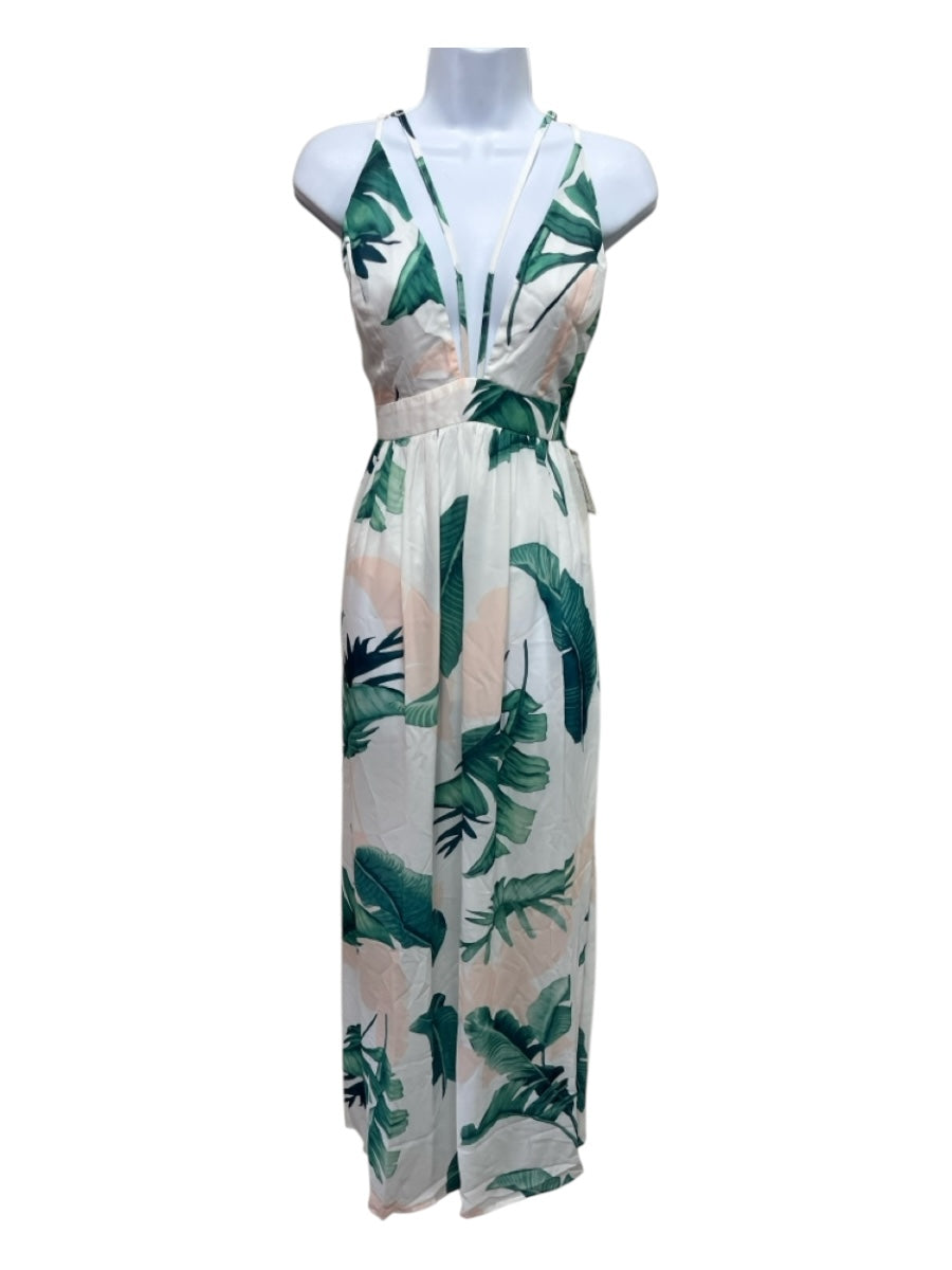 Banjul Size XS White, Green, Pink Polyester Semi Sheer Leaves Strappy Dress