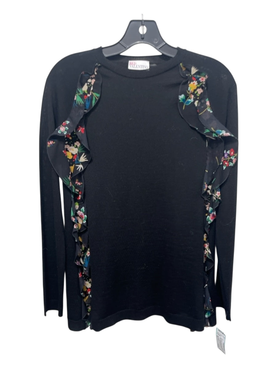 Red Valentino Size XS Black, Red & Multi Virgin Wool Rib Knit Floral Sweater