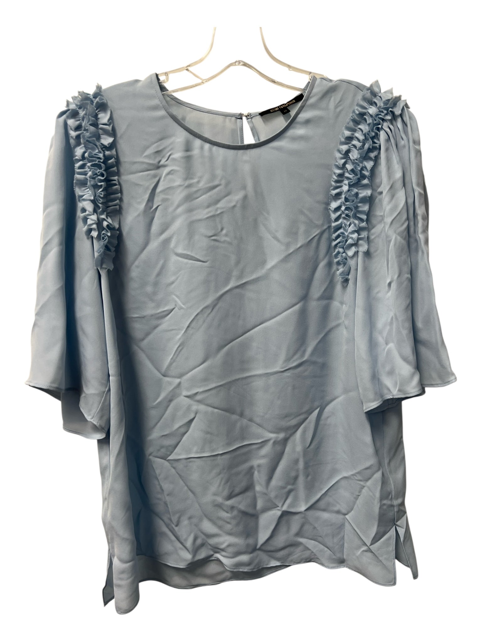 Kobi Halperin Size Medium Blue Silk Short Sleeve Round Neck Ruffle Detail Top