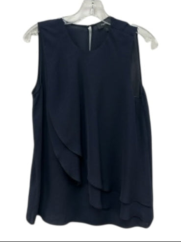 Theory Size S Navy Blue Silk Sleeveless Ruffle Detail Asymetrical Top