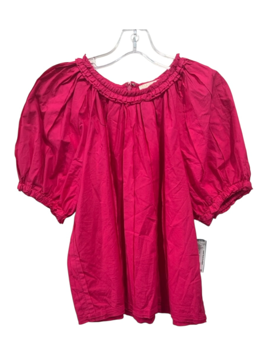 Ulla Johnson Size 8 Fuchsia Cotton Short Balloon Sleeve Ruffle Neckline Top
