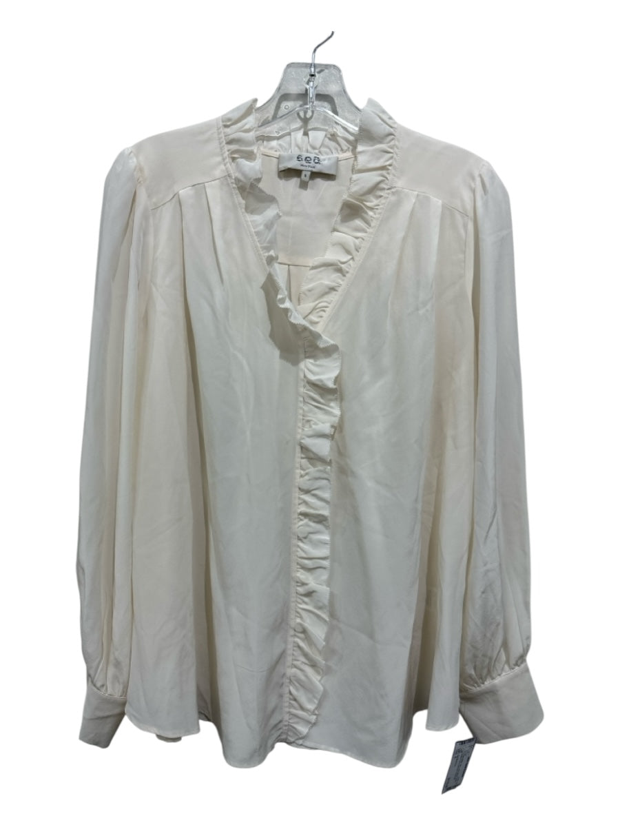 Sea New York Size 6 Cream White Silk Long Sleeve Ruffle Button Front Top