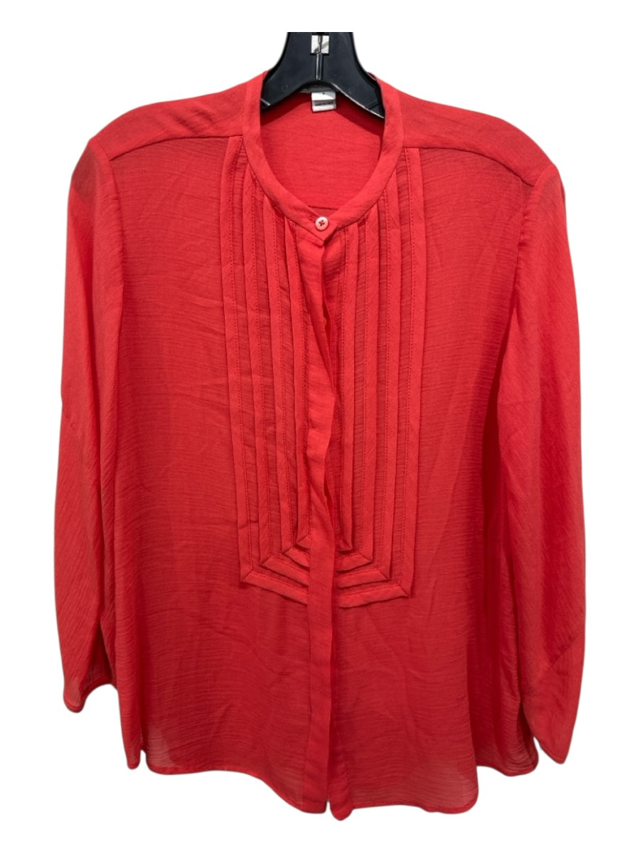 Diane Von Furstenberg Size 4 Orange Cotton Blend Long Sleeve Pleated Detail Top
