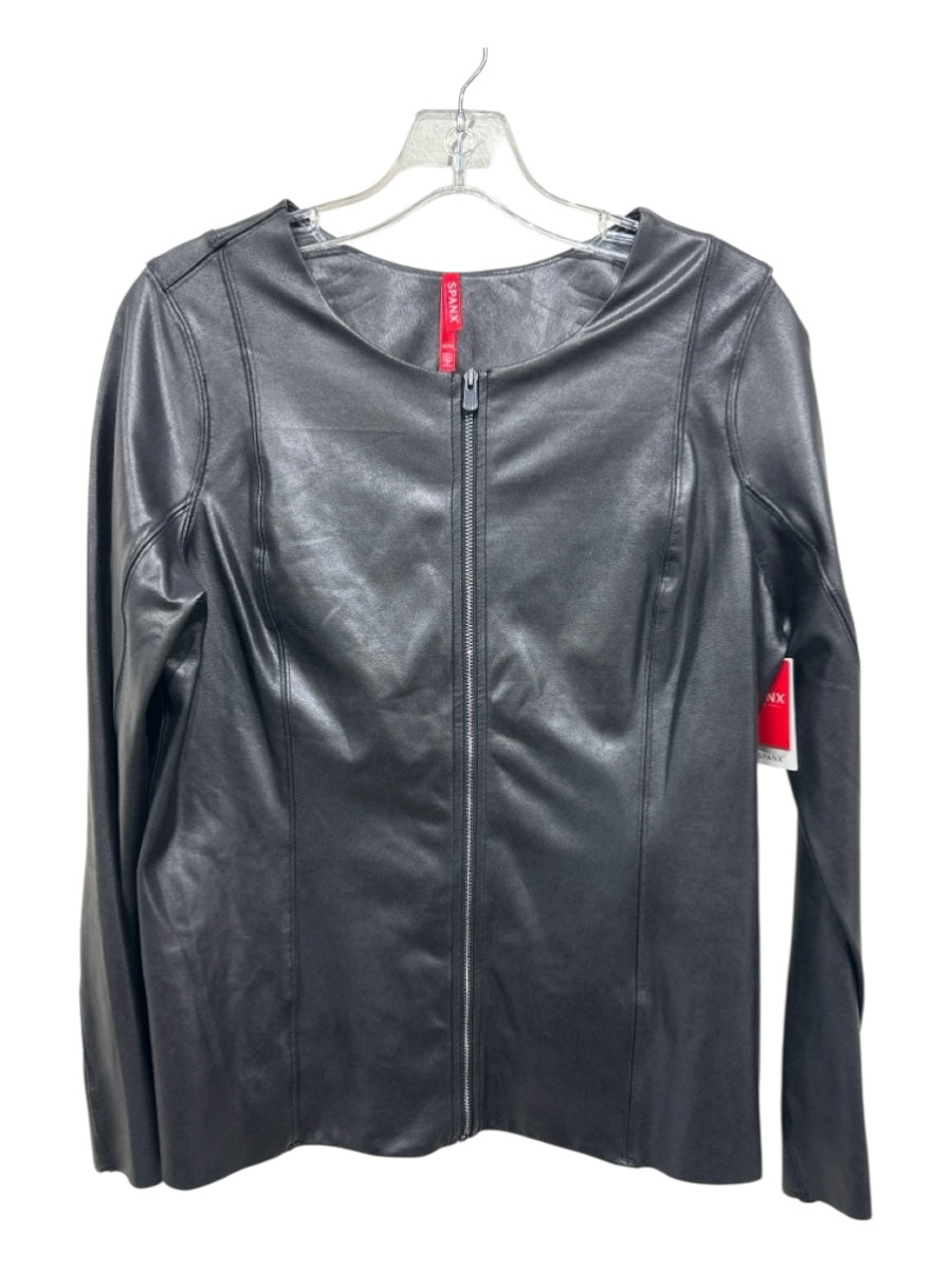 Spanx Size Medium Black Nylon Blend Full Zip Collarless Faux Leather Jacket