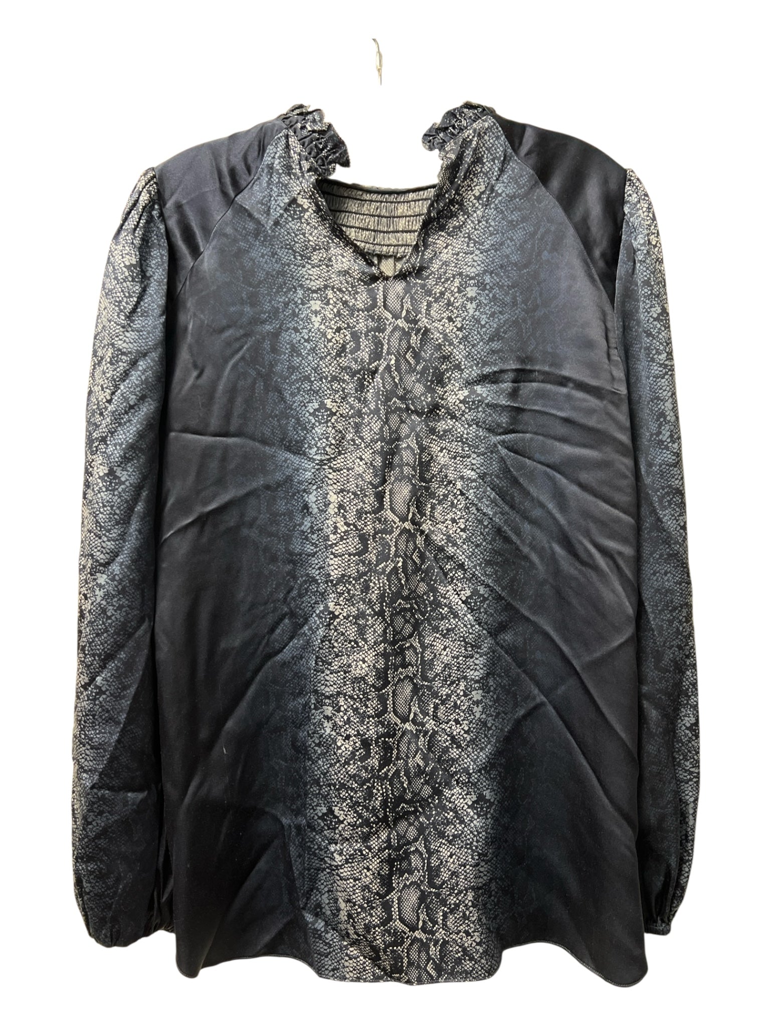 Elie Tahari Size S Blue Silk Long Sleeve Reptile Print Silver Thread Top