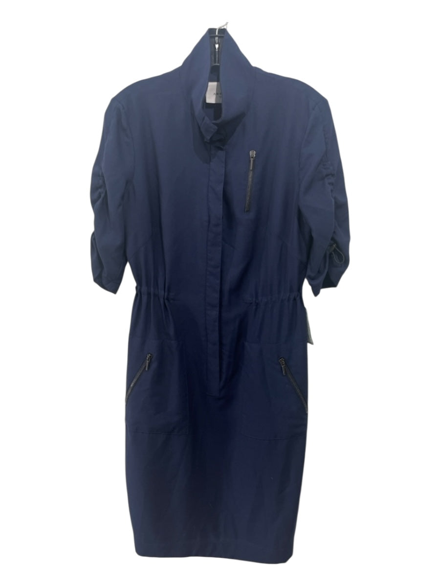 Akris Punto Size 6 Navy & Black Wool Blend 1/2 Sleeve Drawstring Snap Up Dress
