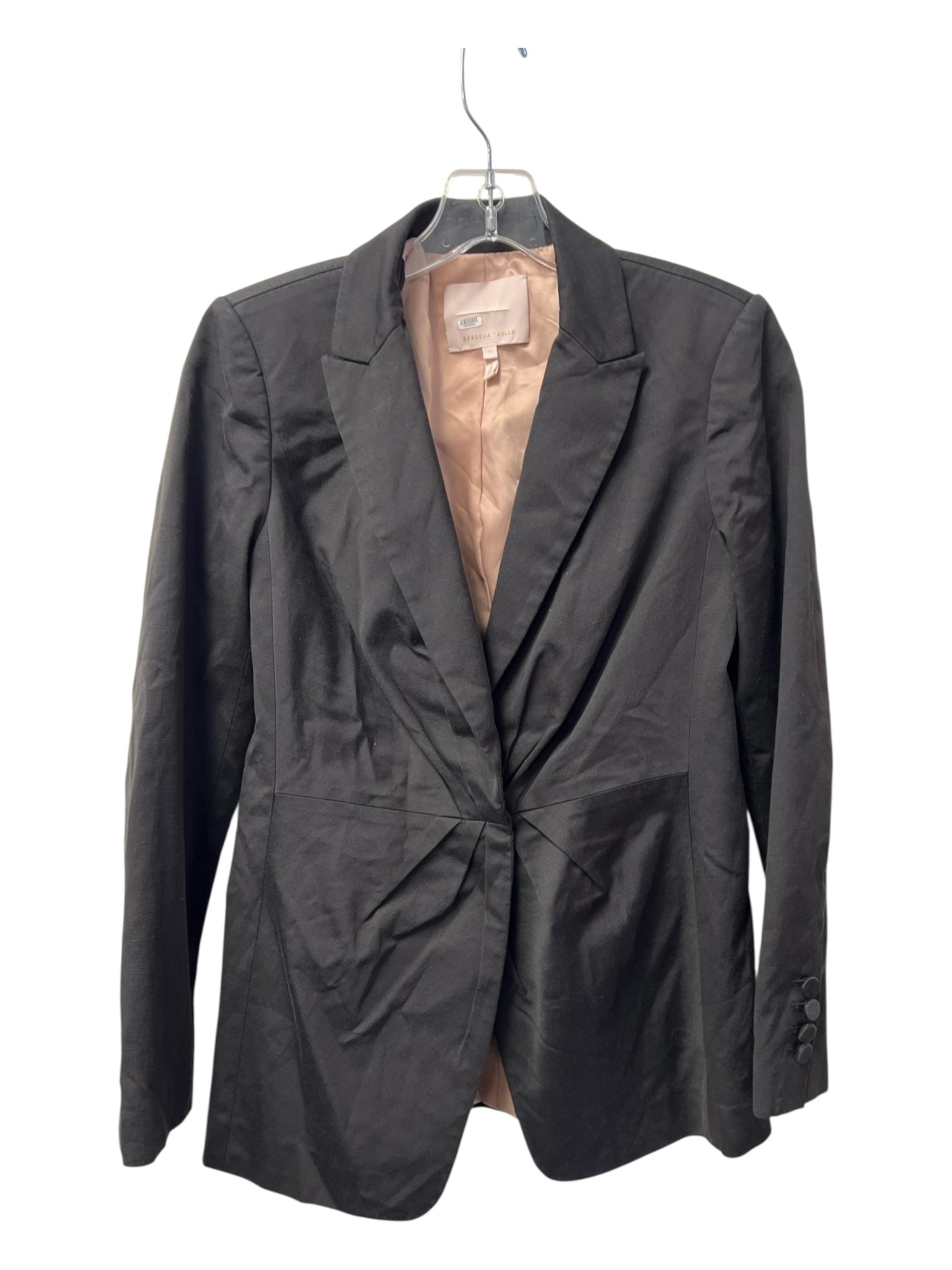 Rebecca Taylor Size 0 Black & Pink Viscose Blend Shoulder Pad Open Front Blazer