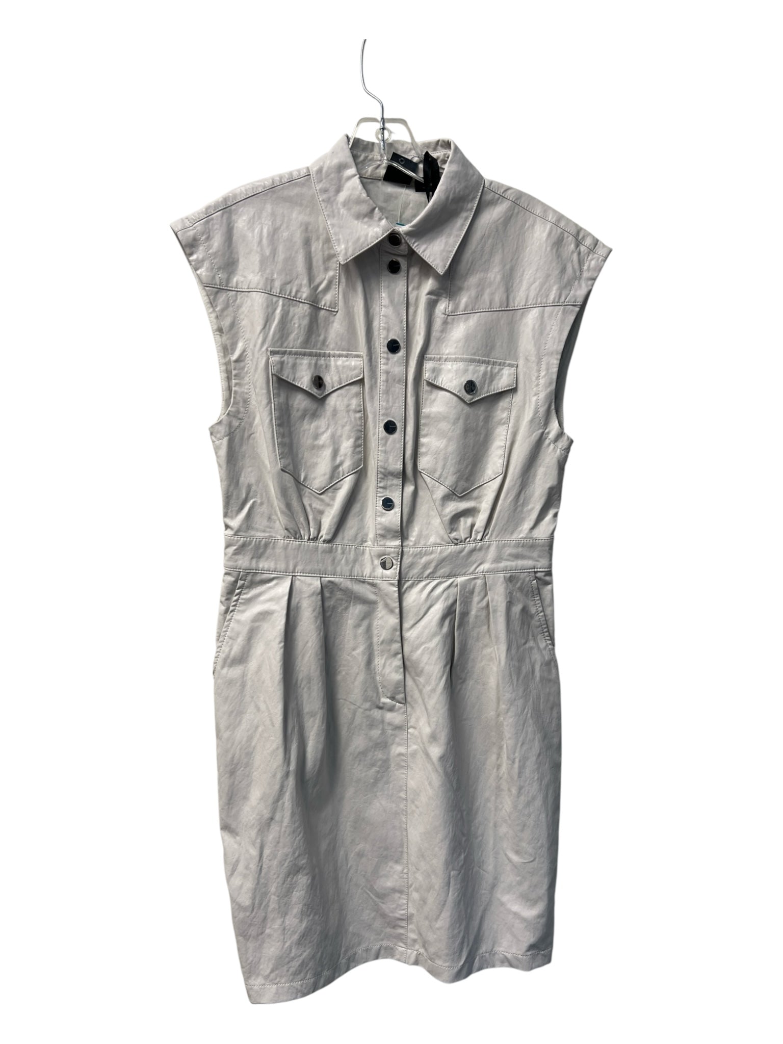 Pinko Size 44 White Viscose Blend Pleather Front Pockets Button Up Dress