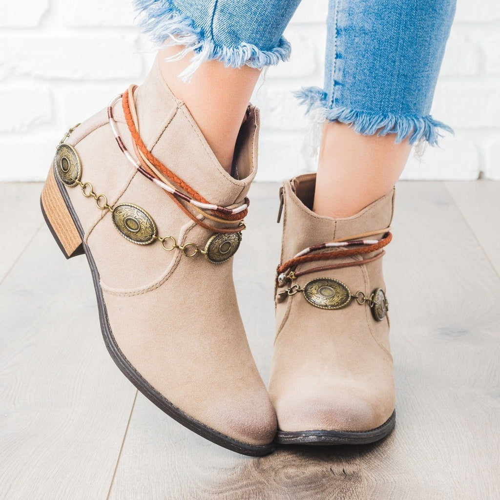 Boho Ornamented Ankle Booties - Qupid Shoes Sochi-96 | Shoetopia