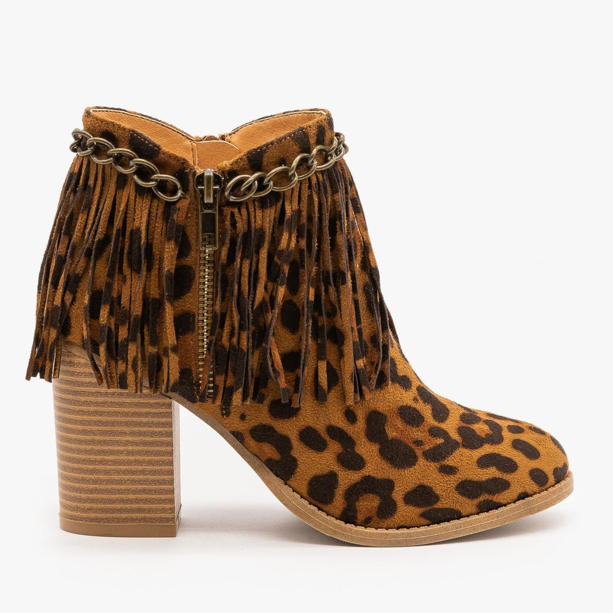 Chain and Fringe Capped Leopard Booties 
