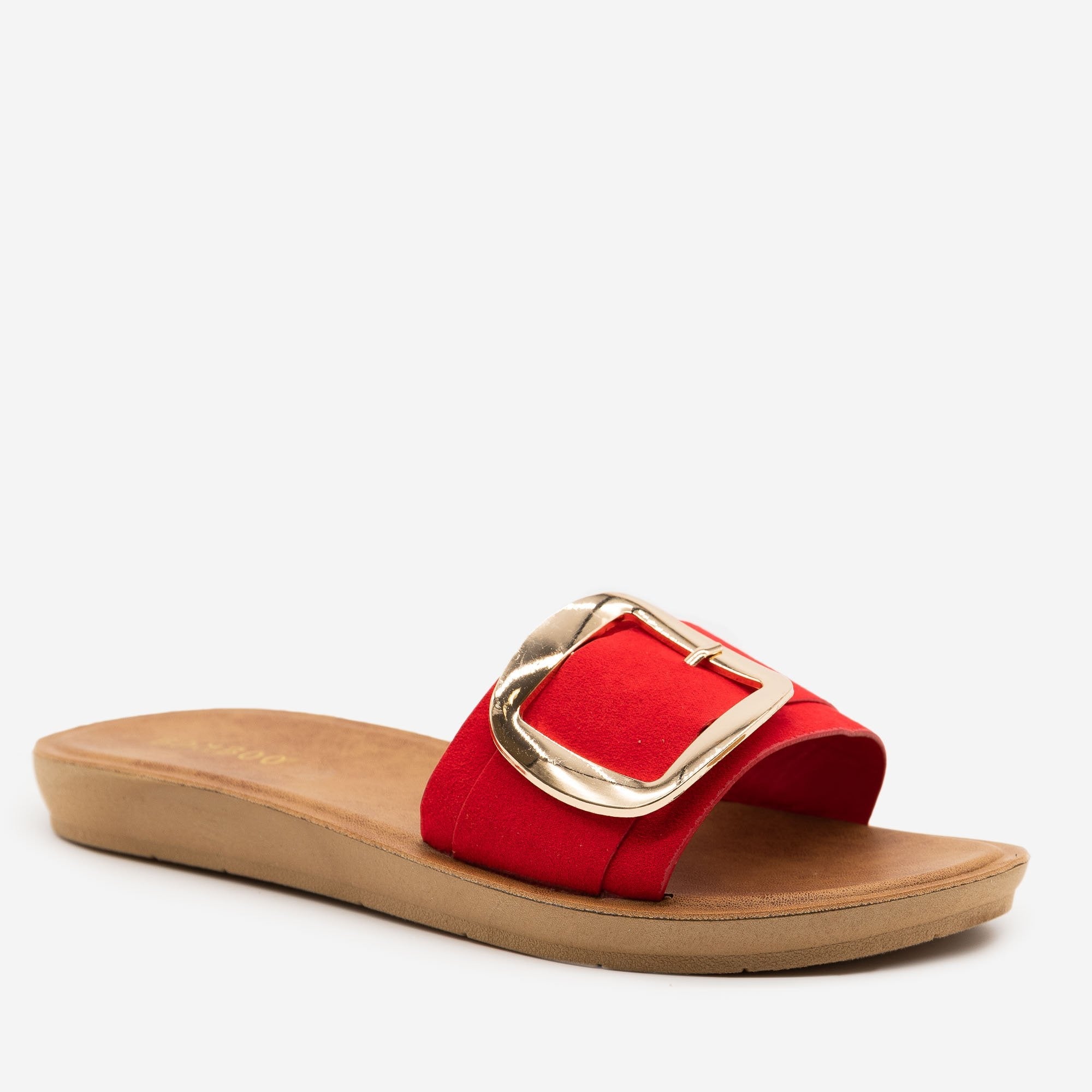 red buckle sandals