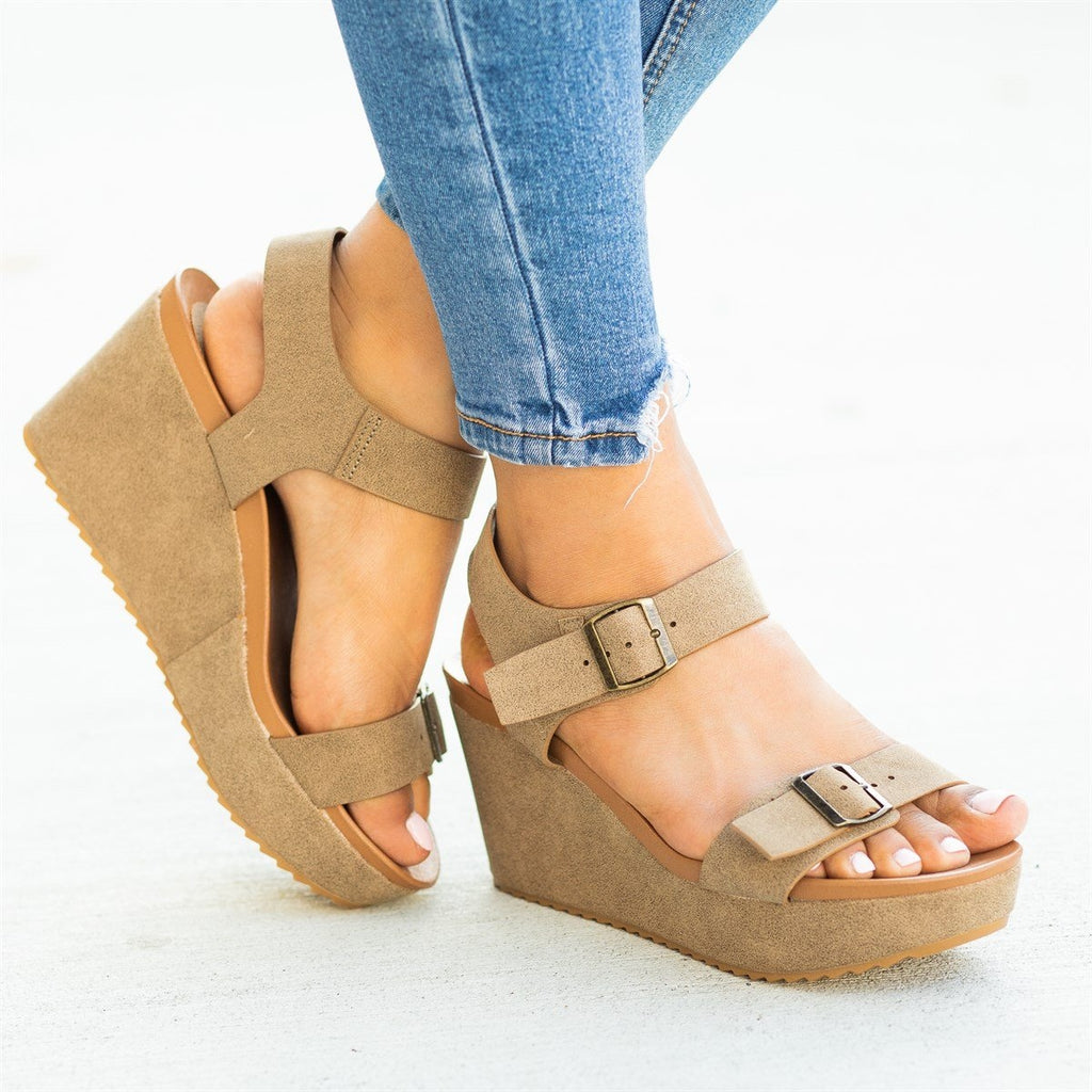 Edgy Double Buckle Wedges - Bamboo Shoes Cuddle-01S | Shoetopia