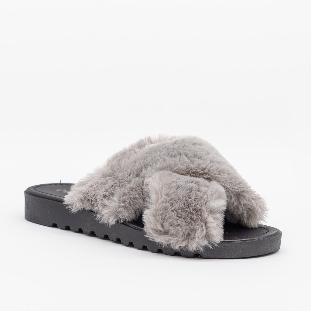 Fluffy Criss Cross Slides - Qupid Shoes Conner-01 | Shoetopia