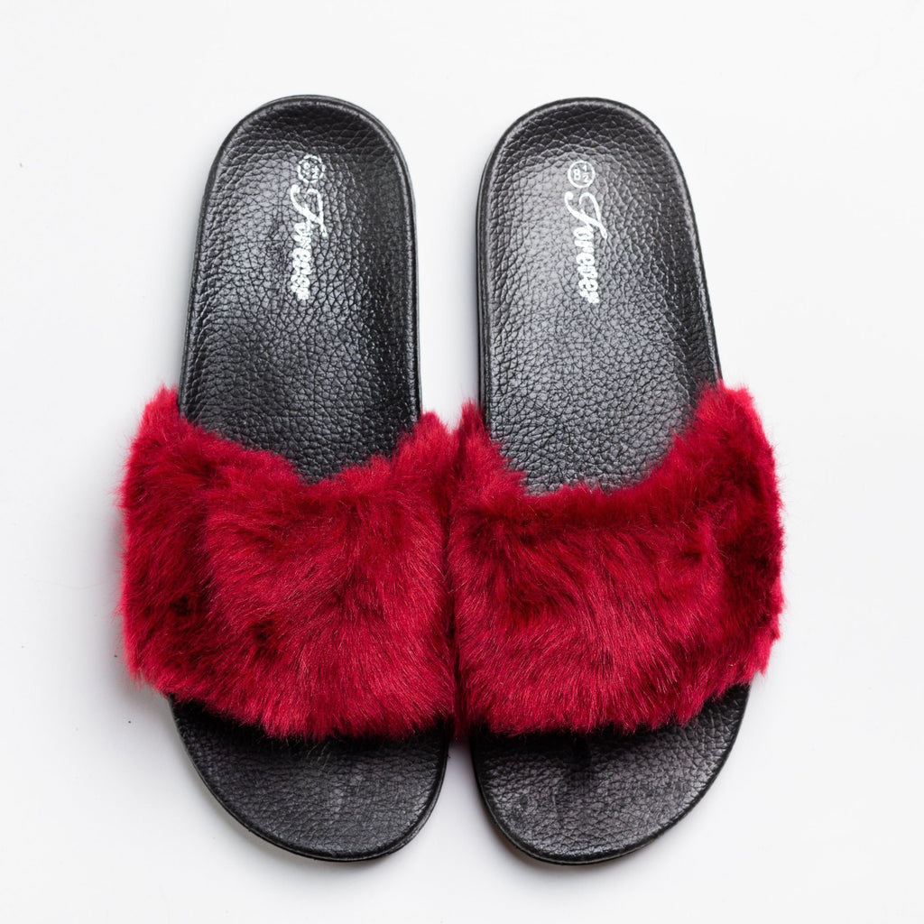 burgundy fuzzy slides