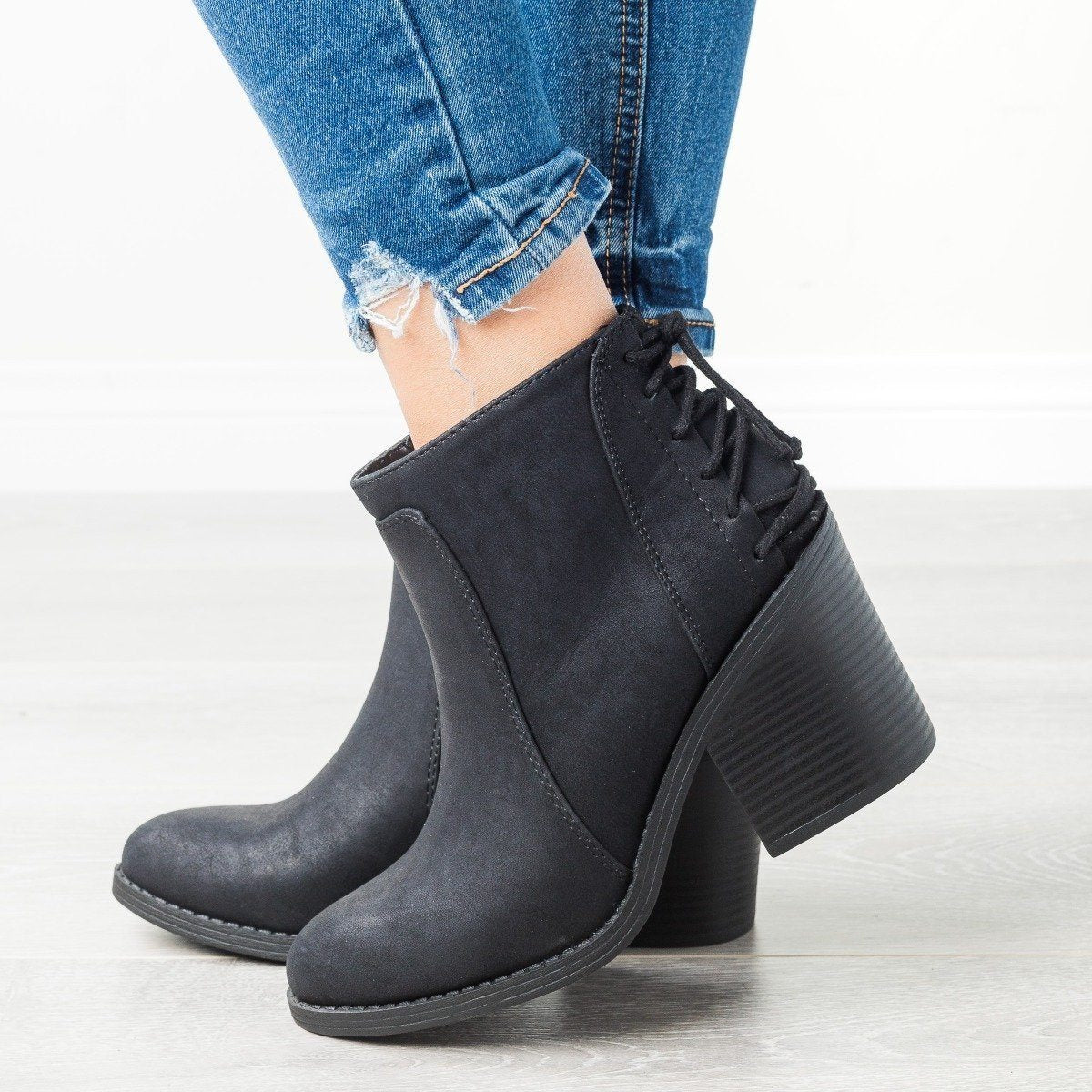 soda lace up black heeled booties