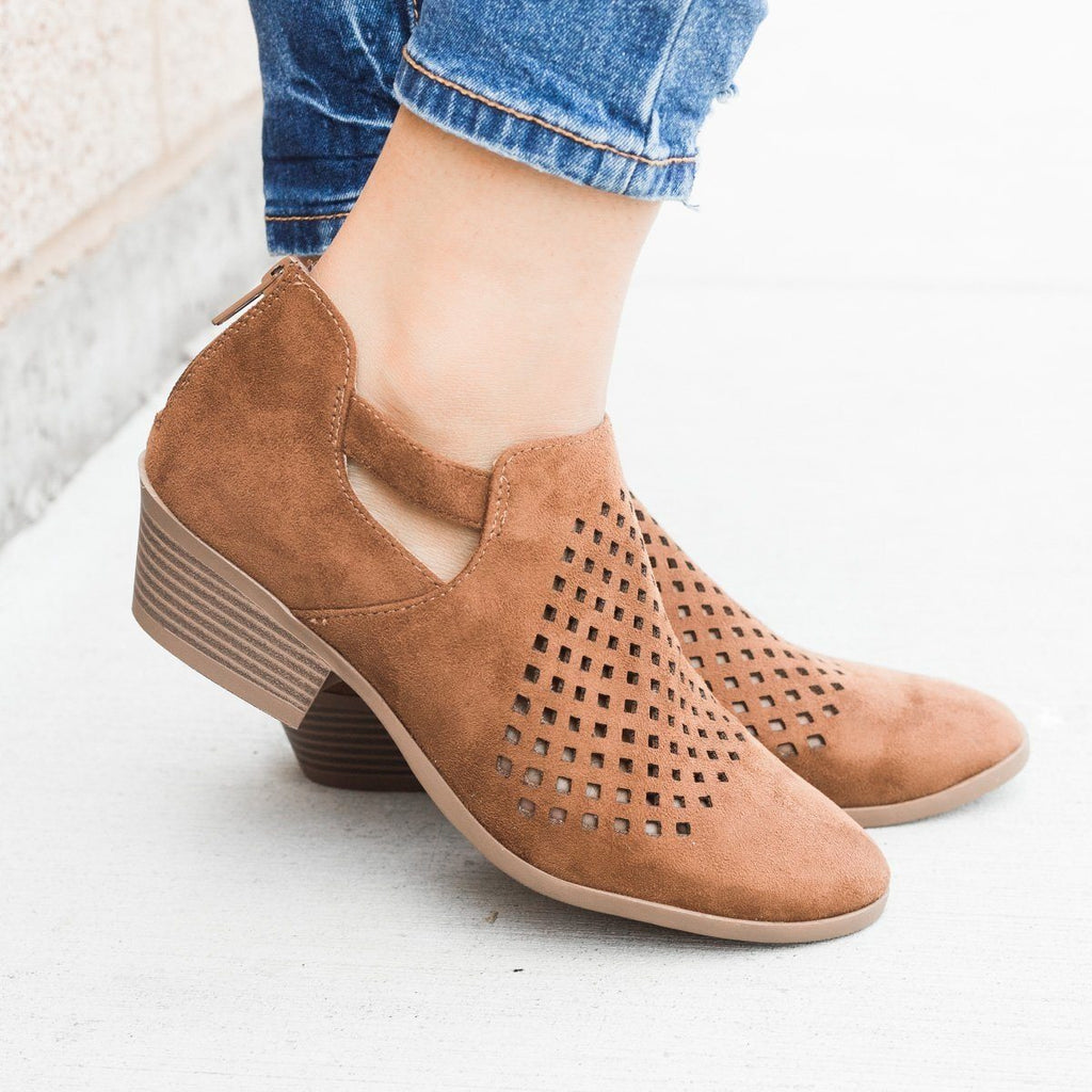 Perforated Block Heel Ankle Booties 