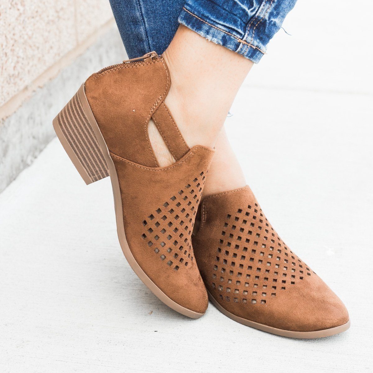 Perforated Block Heel Ankle Booties 