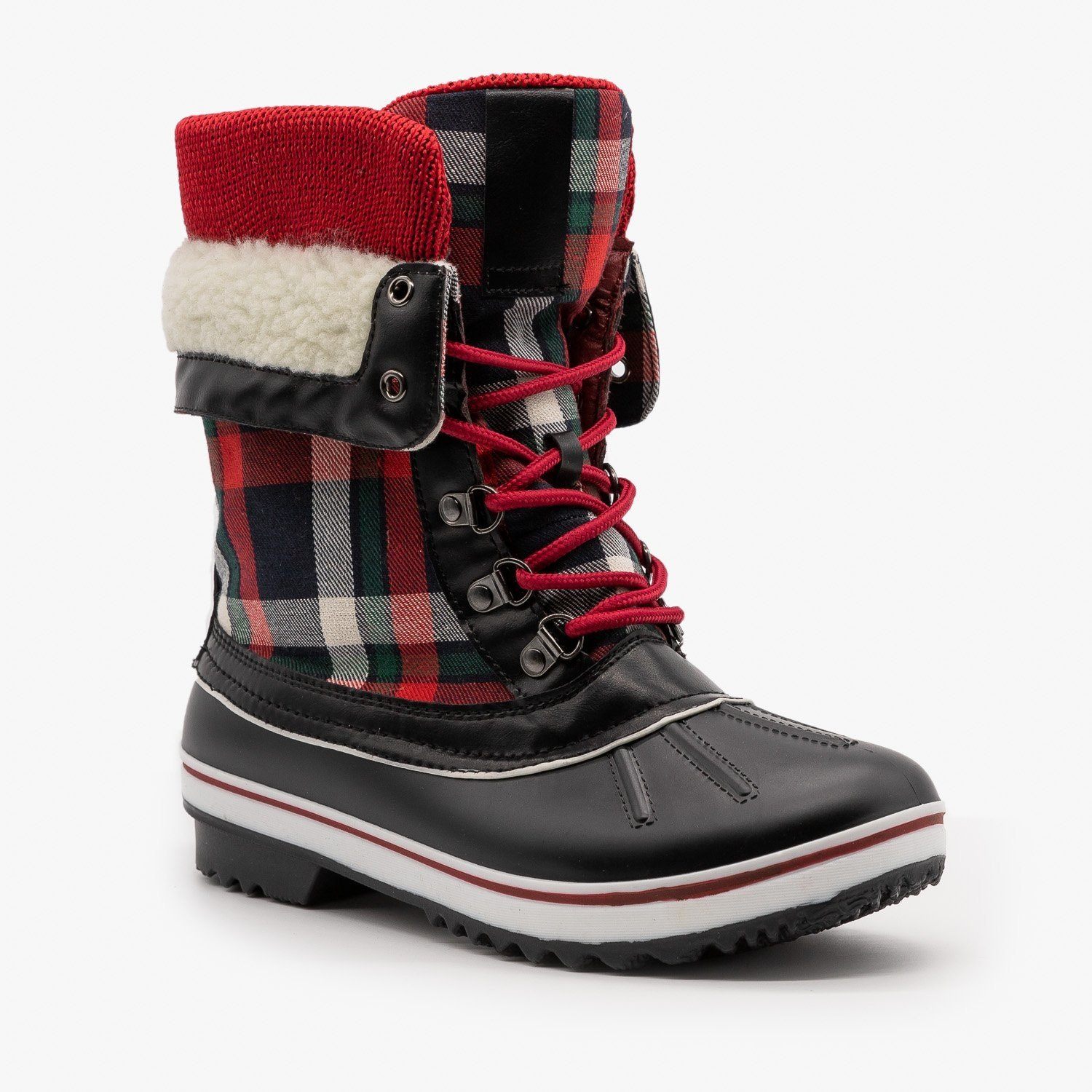 black and red duck boots