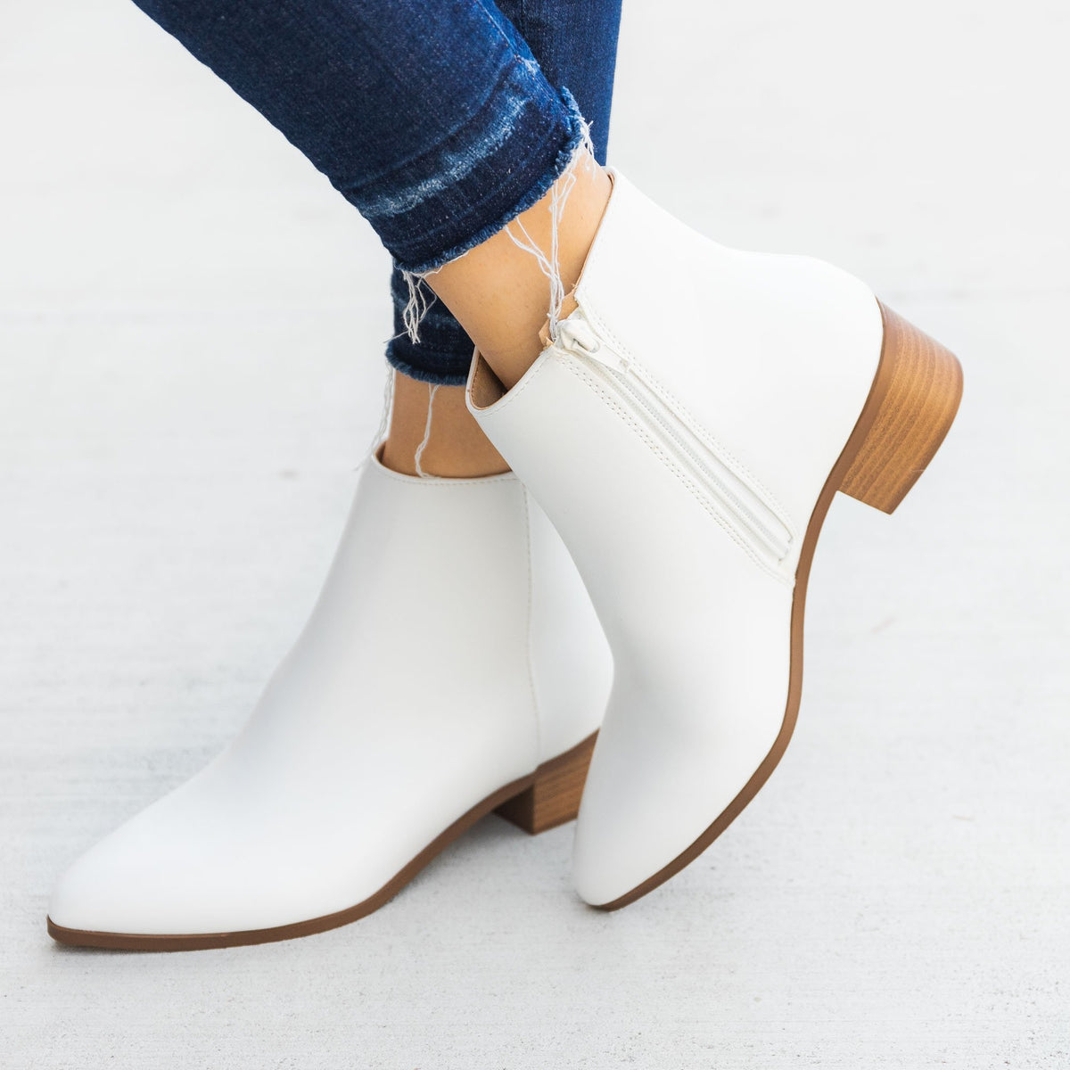 white low heel booties